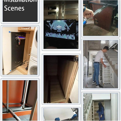 Installation scenes showcasing One Pair Heavy Duty Drawer Slides Ball Bearing Full Extension Cabinet Rails in various cabinet setups.