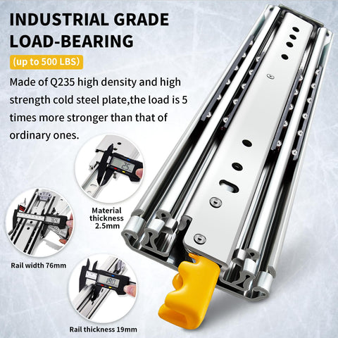 Heavy Duty Drawer Slides With Lock For Deep Drawers, Full Extension Side Mount Ball Bearing Rails, 12 To 60 Inch Lengths, Locking Track Glides With 380 Lb Load Capacity, Quiet Easy Install Runners, No Screws Included shown with yellow locking lever