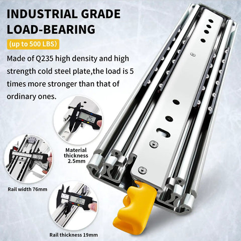 Beefy Heavy Duty Drawer Slides With Lock And Full Extension Ball Bearing Rails Side Mount 12 To 60 Inch Options 440 Pound Load Rating