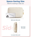 Front and side view of Beige Travel Electronics Organizer Case For Women, Slim Cord Keeper, showing dimensions and phone size.