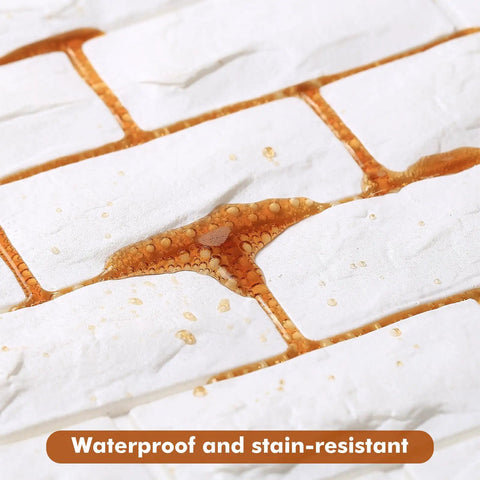 Close-up of Peel And Stick 3D Brick Wall Panels White Faux Paneling Waterproof Self Adhesive Wallpaper with water droplets