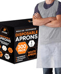 White Disposable Aprons 300 Pack Individually Wrapped Waterproof Polyethylene 1 Mil Durable For Cookin, Food Prep, Cleaning And More 24 By 48 Inches Everyday Use box and model wearing apron