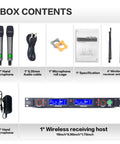 Box contents of Dual Channel UHF Wireless Microphone System with True Diversity for Stage Studio and Church 700 Foot Range.