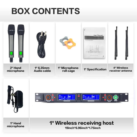 Box contents of Dual Channel UHF Wireless Microphone System with True Diversity for Stage Studio and Church 700 Foot Range.