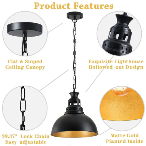 Farmhouse Pendant Light 13.77 Inch Matte Black With Gold Interior featuring adjustable chain, ceiling canopy, and vintage lighthouse design.