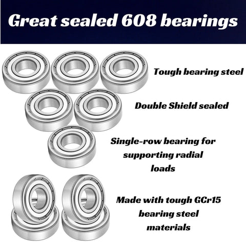 Set of 608 ball bearings, 8x22x7 mm, double-shield metal bearings arranged in a cluster.