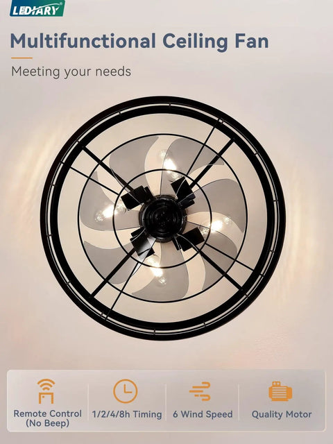 Top view of Dope Industrial Caged Ceiling Fan With Light And Remote 22 Inch Black Farmhouse Fixture for kitchen or outdoor use.