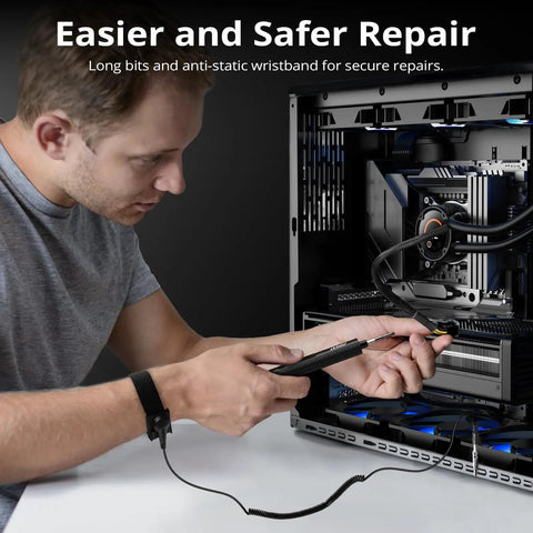 Man using Compact 155 In 1 Mini Electric Screwdriver Cordless Set With 5 Adjustable Torque Levels Up To 0.75Nm inside PC case