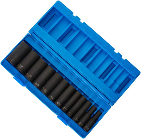 3/8 Inch Drive Deep Socket Set, 12-Piece With Universal Molded Case, Displays Various Socket Sizes