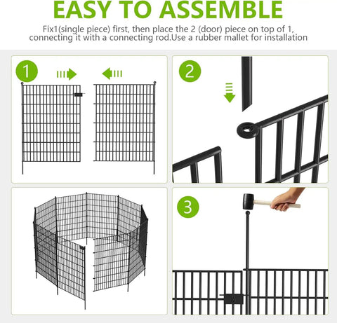 Assembly instructions for No Dig Garden Fence Kit With Gate, 10 Metal Panels, 32 Inch High, 24.2 Feet Long, Rustproof Outdoor Fence For Pets.