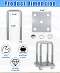 High Grade Square U Bolt Kit For Boat Trailer Leaf Spring Axle Install With Solid Mounting Plates And Tight Hex Nuts For 2x2 Inch Tubes 4 3/4 Inches Long dimensions showing u-bolts and plates.