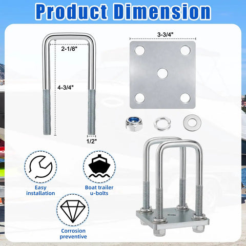 High Grade Square U Bolt Kit For Boat Trailer Leaf Spring Axle Install With Solid Mounting Plates And Tight Hex Nuts For 2x2 Inch Tubes 4 3/4 Inches Long dimensions showing u-bolts and plates.
