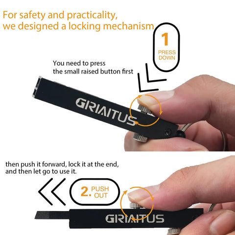 Demonstrating locking mechanism on Pocket Knife 2 In 1 EDC Keychain Tweezers Multitool Box Cutter Retractable Utility Knife Portable.