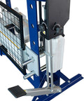 Supercharged Steel H Frame Pneumatic Air Hydraulic Garage Shop Press Slams Through Tough Metals With Foot And Hand Pump Pedal 30 Ton 60000 Lb Capacity Adjustable Base For Shop Daily Grind close-up of foot pedal and hydraulic components