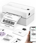 No Sweat Portable Bluetooth Thermal Shipping Label Printer For Hustling Merchants Fast Wireless 4x6 Address Label Maker Compatible With Iphone Android Windows Mac Etsy Shopify Usps White with printed shipping labels and smartphone app.