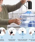 5 Gallon Water Bottle Dispenser With USB Charging Pump for camping and home use, person dispensing water into glass, easy install.
