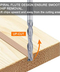 HARFINGTON spiral router bit in close-up cutting wood; 1/4 inch up-cut, 2-flute solid carbide with 1/4 inch shank