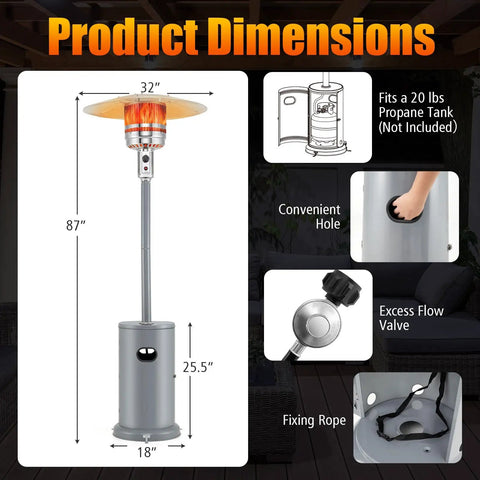 Product dimensions for 50,000 BTU Propane Outdoor Heater With Round Table Design, Wheels, Stainless Steel Burner