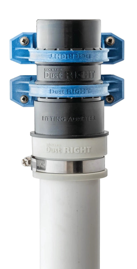 Dust Right Schedule 40 PVC Adapter For 2 Inch PVC To Two And A Half Inch Shop Vac Hose Fittings with secure clamps visible