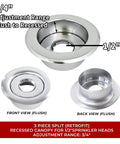 Heavy Duty Chrome Fire Sprinkler Escutcheon 10 Pack Half Inch IPS Recessed Split Ceiling Trim showing front and back views with 3/4" depth adjustment.
