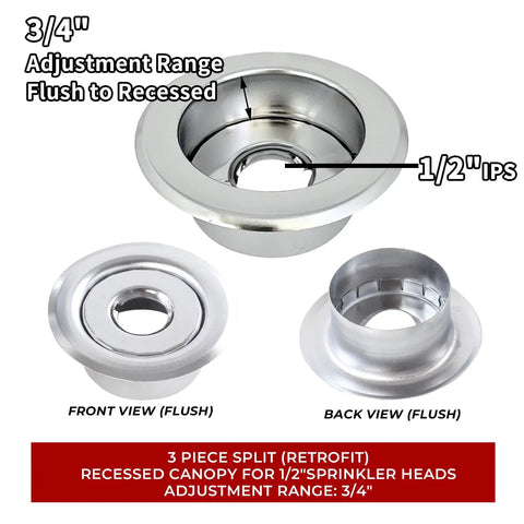 Heavy Duty Chrome Fire Sprinkler Escutcheon 10 Pack Half Inch IPS Recessed Split Ceiling Trim showing front and back views with 3/4" depth adjustment.