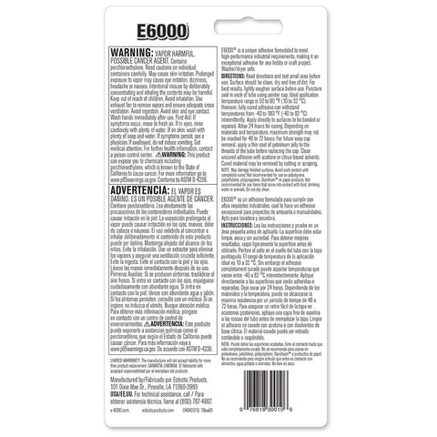 Back of packaging for All Purpose Craft Adhesive 3.7 Fluid Ounces Clear Bonds Glass Wood Plastic Ceramic Metal Leather Fabric Rubber Dries Clear