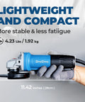 DongCheng 4-1/2 inch angle grinder, blue body with black grip, handheld power tool