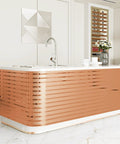 Ridiculously Sleek Rose Gold Metallic Peel And Stick Wall Panels Shimmer Stripe used as a backsplash on a kitchen island.