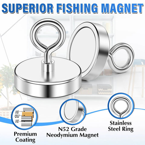 Front view of stainless steel fishing magnet with a loop ring; N52 grade neodymium magnet