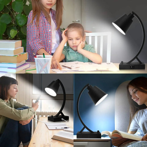 Dimmable Black Desk Lamp With USB A And USB C Ports Built In AC Outlet Rotary Dimmer Switch shown in different home settings