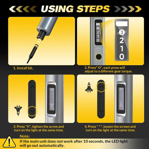 Instructions for Cordless 57 In 1 Magnetic Precision Screwdriver Set with adjustable torque and LED light features.