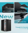 No Drama 3.0 Cu Ft Upright Mini Freezer With Single Door, Reversible Hinge, Black showing built-in handle and adjustable feet.