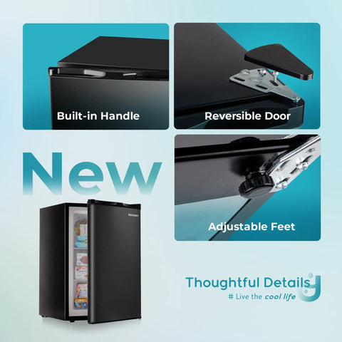 No Drama 3.0 Cu Ft Upright Mini Freezer With Single Door, Reversible Hinge, Black showing built-in handle and adjustable feet.