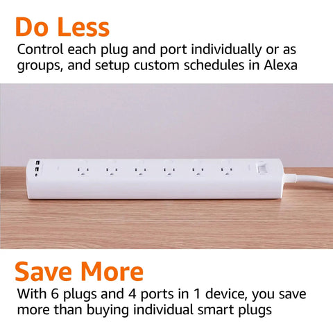 Six Outlet Smart Power Strip With Usb C Charging, Alexa Enabled Wifi Extension Cord on wooden surface, showcasing multiple ports.