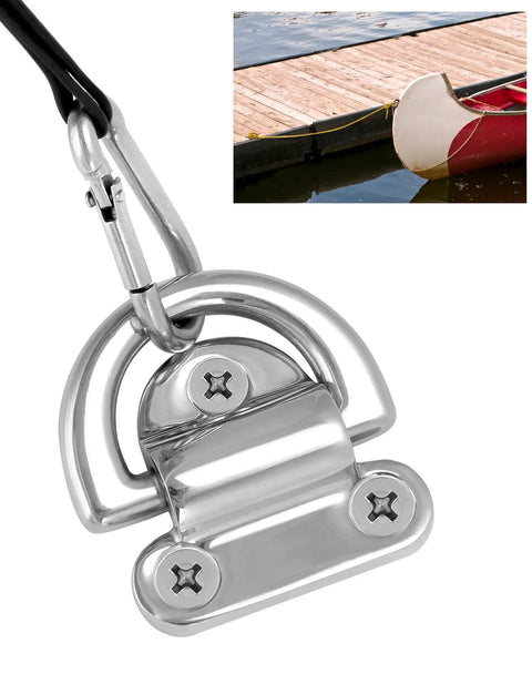 Close-up of 4 Pack Marine Grade Stainless Steel 316 Folding Pad Eye D Ring Anchor, 44x40mm, in use docking a red canoe.