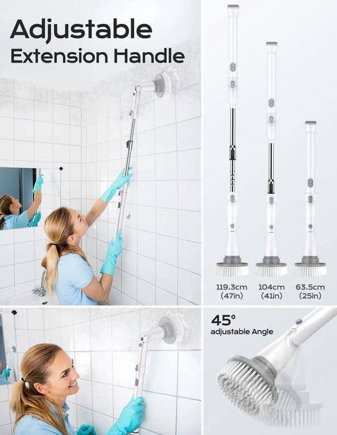 Woman using Cordless Electric Spin Scrubber With Dual Speed Settings, Extendable Arm, And Four Replaceable Heads for wall cleaning