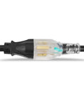Beefy 25 Foot NEMA 5 20P To 5 20R Extension Cord close-up showing twist lock plug on black SJTW 12 3 cable