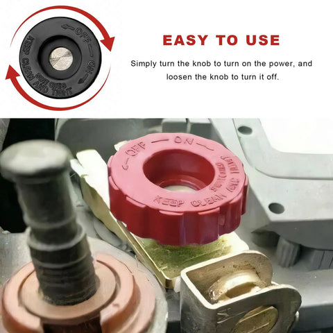 Heavy Duty Top Post Battery Disconnect Switch 12V 125A Quick Automatic Shutdown Knob mounted on battery connection with clear off-on markings.