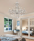 Bedroom with installed 6 Light Crystal Chandelier With Chrome Finish Pendant Lighting For Dining Room Bedroom Living Room Raindrop Style LED