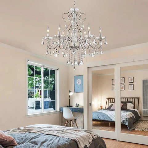 Bedroom with installed 6 Light Crystal Chandelier With Chrome Finish Pendant Lighting For Dining Room Bedroom Living Room Raindrop Style LED