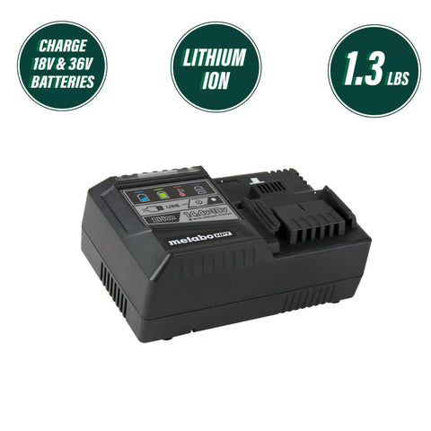 18V And 36V Lithium Ion Rapid Charger For Slide Type Batteries With Crazy Fast Charge Times And Multiplex Protection Safe Overload And Temperature Guard For Metabo HPT Tools, showing compact design with 1.3 lbs weight.