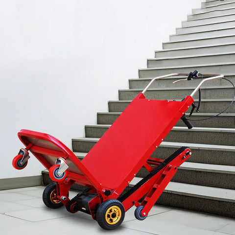 Ditch The Struggle With This Heavy Duty Electric Stair Climbing Hand Truck For Easy Moving Loads That Fold Up Small And Powers You Up Any Flight In Style, red electric stair climbing hand truck on stairs.