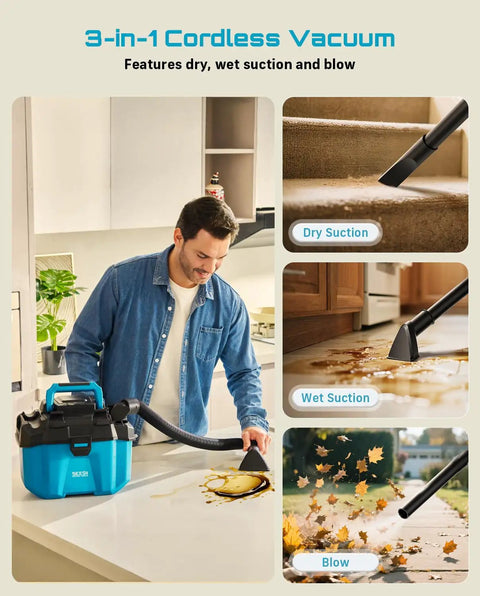Man using Cordless Wet And Dry Shop Vacuum For Garage And Car Cleanups Boss Grade 2.6 Gallon Mini Vacuum with accessory holder
