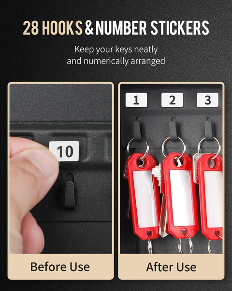 Heavy Hitter Steel Key Wall Cabinet With Dead Tough 3 Digit Combo Lock Box For Indoor Offices Realtors Schools And Apartments Holding Up To 28 Keys showing key hooks with number stickers for organization.