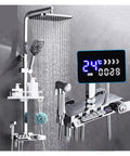 RIBEUJIZS Digital Shower System, Brass Thermostatic Digital Display Shower Faucet Set Black, Rain Column, Wall Mount, LED display and shower.