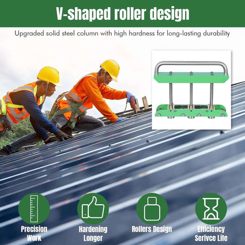 Built Tough Sheet Metal Bender For Roof Edges And Drip Edge Tool with workers using tool on metal roofing and V-shaped roller design
