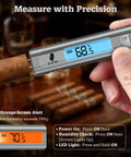 Digital Cigar Hygrometer With LCD Display, Portable Humidity Meter For Humidors, Dual Sensor Probes For Inside Cigars, Real Time Moisture Reading, Built In Stand And Stopwatch, Accurate Cigar Moisture Gauge, Perfect Gift For Real Cigar Nerds Gray in use with cigar