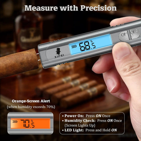 Digital Cigar Hygrometer With LCD Display, Portable Humidity Meter For Humidors, Dual Sensor Probes For Inside Cigars, Real Time Moisture Reading, Built In Stand And Stopwatch, Accurate Cigar Moisture Gauge, Perfect Gift For Real Cigar Nerds Gray in use with cigar