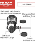 Front view of Zebco Bullet spincast fishing reel, size 20, black-silver with all-metal body, pre-spooled with 6 lb line.