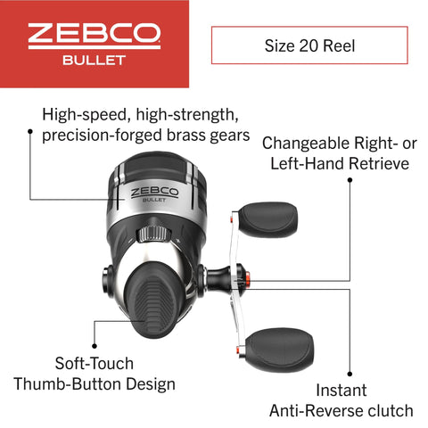 Front view of Zebco Bullet spincast fishing reel, size 20, black-silver with all-metal body, pre-spooled with 6 lb line.